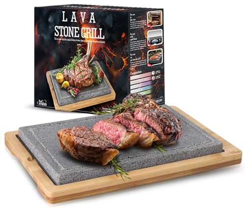 Artestia Extra Large Lava Stone for Cooking Steak, Hot Stone Plates Tabletop Grill, Sizzling Stone Grill Cooking Platter for Meat, BBQ Lava Steak Stones with Bamboo Platter (13.66*8.93)