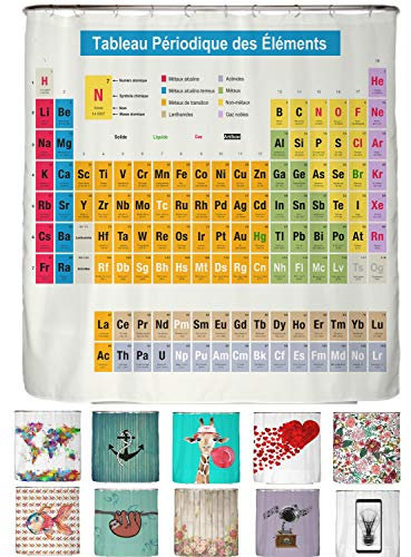 arteneur® - Rideau de Douche 180x200– Rideaux de Douche en Tissu Polyester Épais Lavable en Machine avec Anti Moisissure et Imperméable Inclus 12 Crochets Rideau (Tableau Périodique Français)