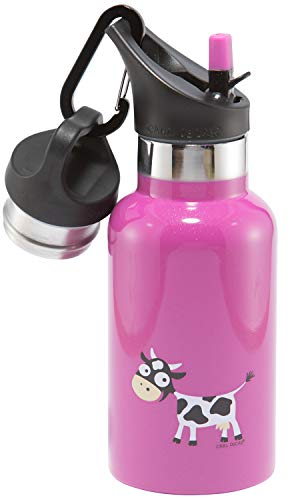 Carl Oscar doppelwandige Thermosflasche für Kinder - Isolierflasche hält 10 Stunden warm oder 24h kalt. 0,3 Liter mit Kuh in pink. Kommt mit 2 Kappen, eine mit Strohhalm.