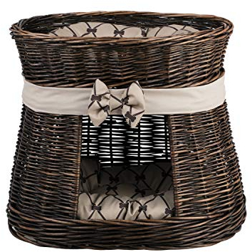 e-wicker24 Ovale dunkelbraune Katzenhütte, Katzenkorb aus Weide, Korb für die Katze mit Zwei Etagen, Katzenlager mit Kissen, Katzenturm (Beige)