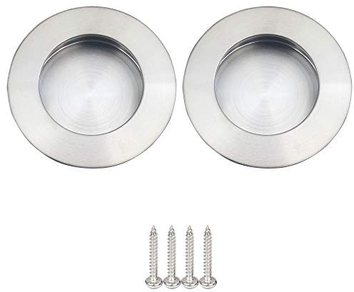 NewZC 2 Pack Flush Recessed Sliding Round Door Pull Handles Hidden Finger Pull Handle Satin Brushed Stainless Steel Inset Cupboard Handle for Drawer Wardrobe Closet Barn Door - Silver