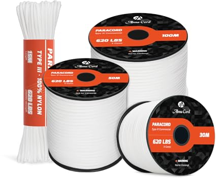 Abma Cord Paracord 620lbs 4mm 30M 100% Nylon Seil Typ 3 Schnur mit 9 Kern für Basteln, Camping, Survival, Outdoor - Max. 280kg - Weiß
