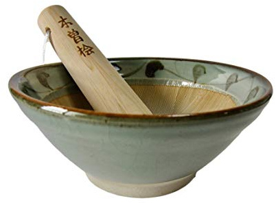 Made in Japan Mortar & Pestle (Suribachi & Surikogi) Set Authentic Mino Ware Pottery, Small 5.98 inches, Pale Blue-Green with Arabesque Pattern, M882-50