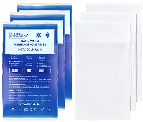 ALERION® 3x Kalt Warm Kompresse16x26 cm Set Angebot mit Vlieshülle Mehrfach Kompresse Wiederverwendbar Mikrowellen geeignet + 3 Vlieshüllen Coolpad Kühlpads Blau