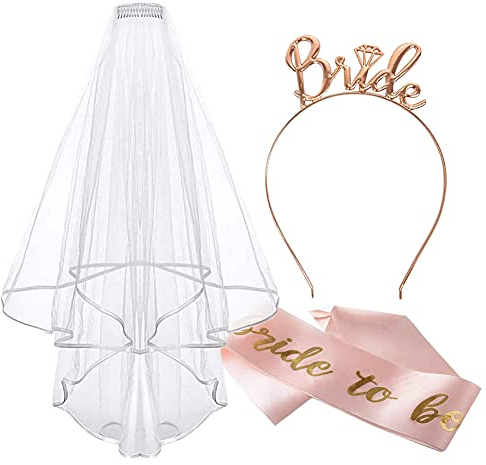 Bride to Be Schärpe und Schleier, Frauen Junggesellinnenabschied Accessoires Weiß Braut JGA Rosegold Stirnband Tiara, Hochzeit Fotorequisiten Spiele Zubehör für Bachelorette Party