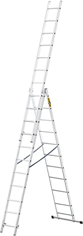 DRABEST - Home - Aluminium-Leiter - 3x11 Sprossen - Max. 5,64 m lang - Max. Arbeitshöhe 6,55 m - bis 150 kg - 3-teilig - Mehrzweck-, Steh-, Auszieh- Klappleiter - rutschfest - Verstellbar