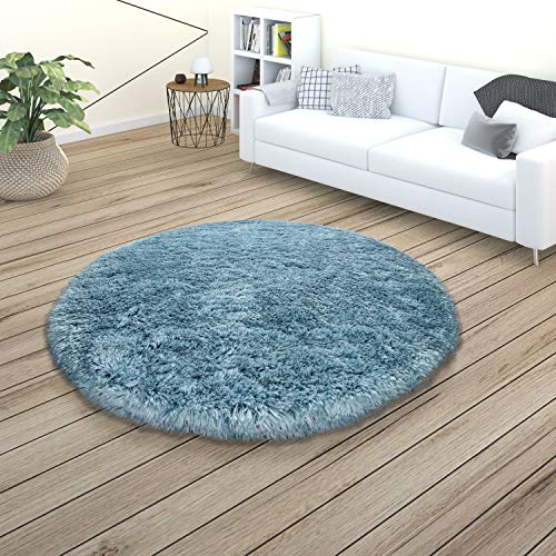 Paco Home Teppich Wohnzimmer, Schlafzimmer/Hochflor Shaggy in versch. Designs Farben und Größen, Grösse:160 cm Rund, Farbe:Türkis 2