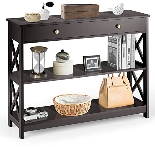 GOPLUS Mesa Consola, Mesa de Entrada Estrecha de 3 Niveles con Cajón y Estantes, Mesa Auxiliar para Salón, Recibidor, Dormitorio, Pasillo, 100 x 30 x 80 cm (Marrón)