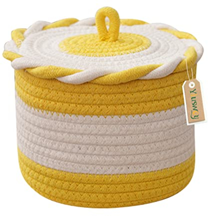Yiuswoy Kleiner Aufbewahrungskorb Baumwollseil Geflochtener Körbe mit Deckel Deko Regalkorb für Kinderzimmer, Wohnzimmer, Schlafzimmer, D16 x H11 cm, Gelb