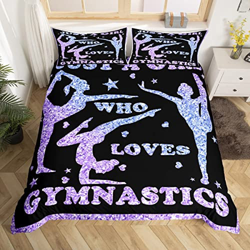 Set di biancheria da letto per ragazze e ragazze, con copripiumino e federe, motivo ginnastica e ginnastica, con glitter, viola, per letto singolo