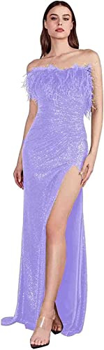 TSxuelian Vestido de fiesta de lentejuelas de sirena sin tirantes para mujer largo con raja formal vestidos de noche, Lila, 40