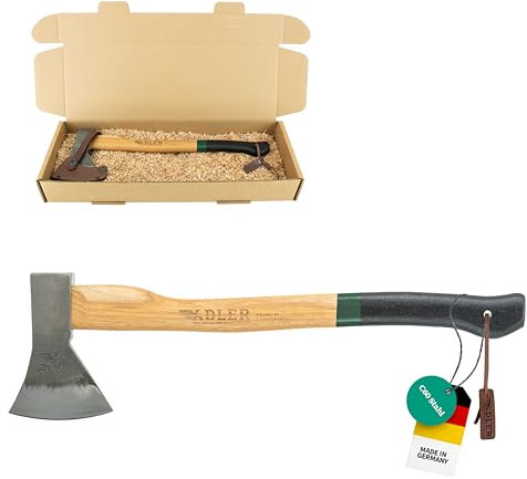 Adler Kanuaxt inkl. Lederschutz: Geschmiedete Holzaxt aus C60-Stahl, Campingaxt mit 50 cm Hickory-Stiel, Anti-Rutsch-Outdoor-Axt, Survival Axt für Camping & Holz spalten, Grün/schwarz, 600 g