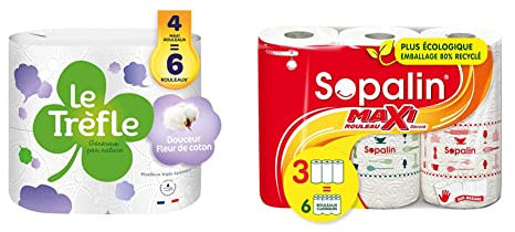 Le Trèfle® Douceur Fleur de coton - Papier toilette - 4 maxi rouleaux = 6 rouleaux classiques –Lotion aux extraits de coton & Sopalin Maxi Rouleaux Décoré – x3 Maxi Rouleaux = 6 rouleaux classiques