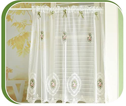 BIRLD Tende da caffè per Finestra Piccole, Mezze Tende Stile Pastorale Oscuranti Tende da Bistrot in Voile, Floreale Ricamo Tenda Corta Mansardata Decorare (Size : WxH/100 * 58)