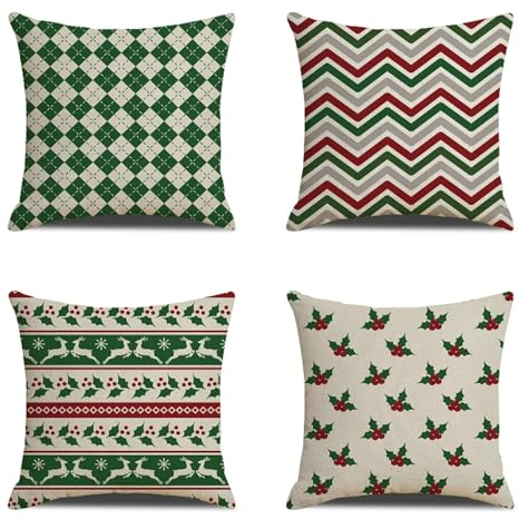 Kissenbezug 50x50 Set mit 4 Outdoor Kissen Nordische Weihnachten Deko kissen Leinen Kissenhülle Beidseitig Kissenbezüge Nordische Weihnachten Kissenhüllen für Wohnzimmer Dekokissen 50x50cm -4514