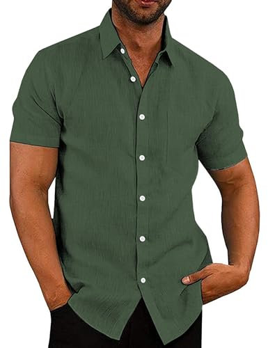 COOFANDY Mens Shirts Short Sleeve Summer Shirt Casual Linen Shirts Regular Fit Holiday Shirt with Pocket Army Green L
