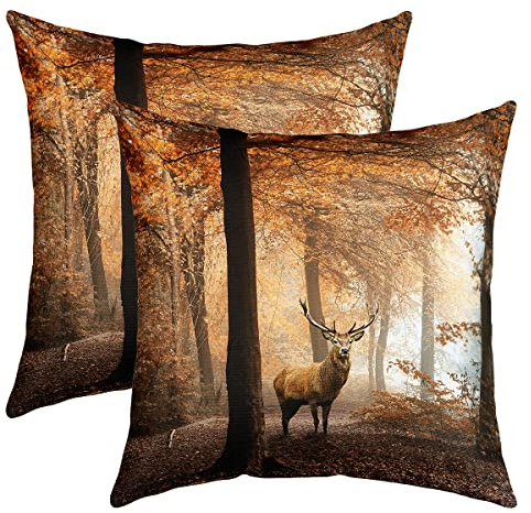 Wald Hirsch Kissenhülle Braun Elch Dekokissen 40x40cm für Sofa Schlafzimmer Dekorativ Natur Wald Tier Motiv 2er Set Kissenbezüge Hirsch Muster Kissenbezug Mikrofaser Sofakissen Couchkissen