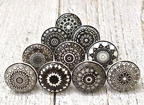 ARTISNO Ceramic Knobs for Cabinets - Set of 10 Black Mixed Design Round Ceramic Knobs Hand Painted Boho Kitchen Cabinet Drawer Knobs | Wardrobe and Dresser Pulls with Glossy Finish