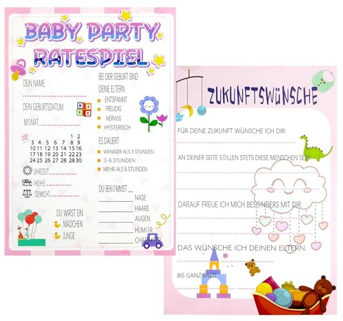 50 Stück Ratespielkarten für Gender Reveal, Babyparty Spiele Karten, Babyparty Spiele Tippkarten zum Ausfüllen, Babyparty Deko für Junge und Mädchen, Deutsch Beidseitig Bedruckt