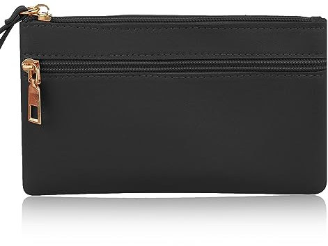 TIESOME Women's Wristlet Clutch Leather Double Zipper Phone Clutch Wallet Large Capacity (black)