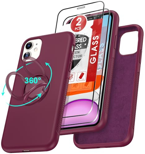 LeYi Handyhülle für iPhone 11 mit 2*Hartglas Panzerfolie, Flüssige Silikon iPhone 11 Hülle mit Ring Ständer Silikonhülle Kratzfest Schutzhülle iPhone 11 Cover Dünn Stoßfest Case Weinrot