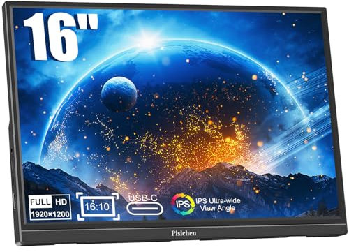 Pisichen Portable Monitor 16 Inch FHD 1920X1200P USB C HDMI Monitor Ultra-Slim IPS Display HDR Eye Care, Second External Monitor for Laptop PC Computer PS4 Xbox Switch Phone Ras Pi