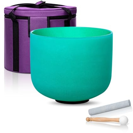 CALM CLANG Cuenco tibetano de cristal de chakra del corazón de 10 pulgadas con nota F verde de 432 Hz con funda de transporte y mazo de goma de gamuza