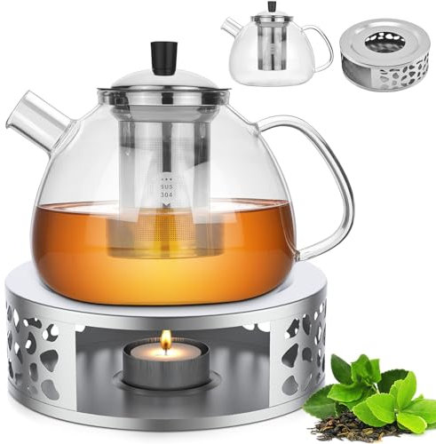 Yuragim Teekanne mit Stövchen, Teekanne mit Siebeinsatz, 1500ml Teebereiter Glas und Edelstahl Teewärmer Teekanne Suit, Weihnachten Geschenke für Familie, Freunde, Teebereiter Glas für losen Tee