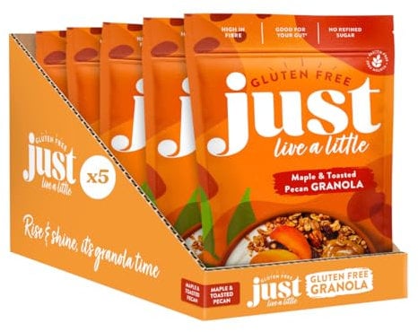 Just Live a Little Gluten Free Maple Syrup, Pecan & Cinnamon Granola | 5 x 360g packs | Vegan Granola No Added Sugar - High in Fibre Breakfast Granola Cereal - Low Sugar Granola