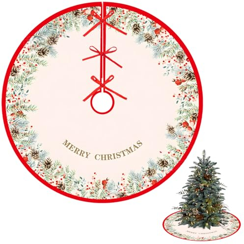 Weihnachtsbaumdecke Rund 120cm, Weihnachtsbaum Deko Natur Jute, Tannenbaum Decke für Weihnachtsbaum Unterlage, Decke Weihnachten Baum Röcke Christbaumdecke Ornamente Dekoration Schmuckband (Weiß)