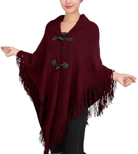 Yak Wolle Schal Herbst- und Winterumhang, Fransen, Hornschnalle, einfarbig, unregelmäßig, doppelte Fransen, warm und Schal Schwarz Damen Grobstrick (Red, A)