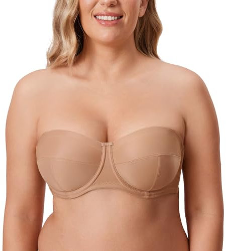 Delimira Women's Strapless Bras Underwire Non Padded Support Multiway Bandeau Bra for Bigger Bust Natural 34DD