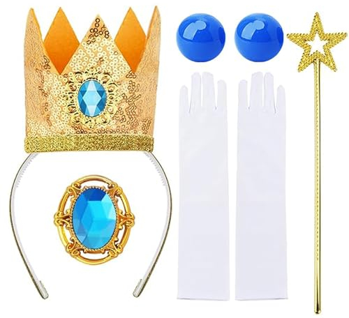 mefound Prinzessin Peach Kostüm Zubehör Kit, 4 Stück Set Frauen Mädchen Prinzessin Kostüm Krone Ohrringe Handschuhe Brosche Für Karneval Halloween Birthday Party Cosplay Dress Up