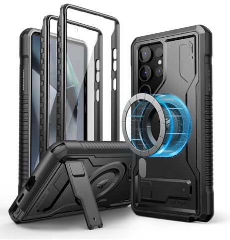 Dexnor Magnetic Case for Samsung Galaxy S24 Ultra Case with Adjustable Kickstand & 2 Front Frames & Built-in Screen Protector, MagSafe Compatible Rugged Shockproof Full-body Protective Cover - Black