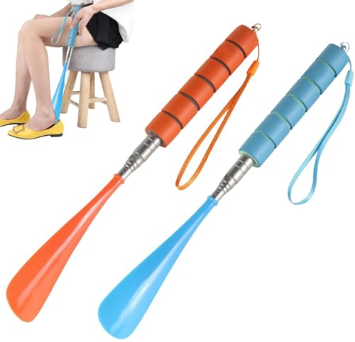 BUKYCAT 2 Pièces Chausse-Pied Rétractable, Long Chausse-pied en Acier Inoxydable, Chausse Pied Long Metal, Chausse-pied Extensible pour Hommes, Femmes, Enfants, Seniors Chausse-pied