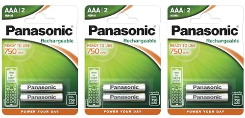 PANASONIC Pack of 3 Blister Packs of 2 AAA NiMH HR03 Rechargeable Batteries 750 mAh Ready to Use – 1.2 V