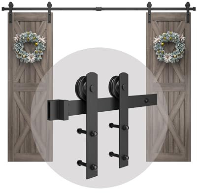 TITECK Kit de herrajes para puerta de granero doble, herrajes para puerta corredera de 10 pies, kit de puerta doble de granero resistente, fácil de instalar, se desliza suavemente y silenciosamente,