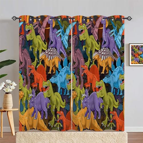 ANHOPE Bunte Cartoon Tier Dinosaurier Vorhänge mit Ösen Blickdichte Gardinen Blackout Curtain Thermo Vorhang Kinder Jungen Mädchen Schlafzimmer Wohnzimmer Verdunklungsvorhänge 2er Set H 200 x B 140 cm