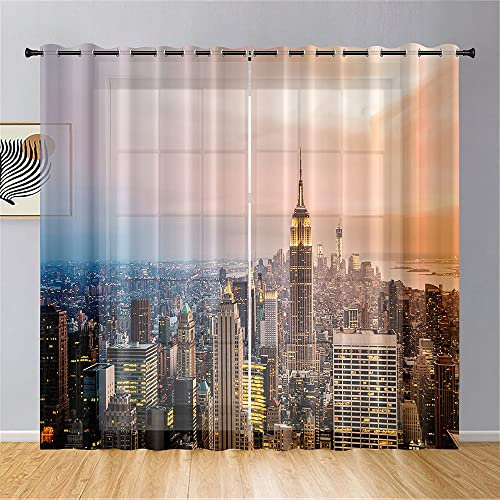 Odot Transparent Gardinen 2er Set Voile Vorhänge mit Ösen, Sheer Vorhang mit Stadtgebäude Druck, Ösenschal Fensterschal für Wohnzimmer Schlafzimmer Sonnenlichtfilterung (140x244cm,Manhattan)