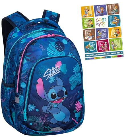Goldkids - Rucksack Schulrucksack Teenager Kinderrucksack für Jungen und Mädchen mit Stitch Motiv - Hausaufgabenheft