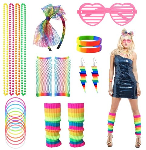 21 accessori per travestimento anni '80, rosa fluo, da donna, set con scaldamuscoli, guanti a rete, orecchini, fascia, collana, per carnevale, feste, spettacoli teatrali