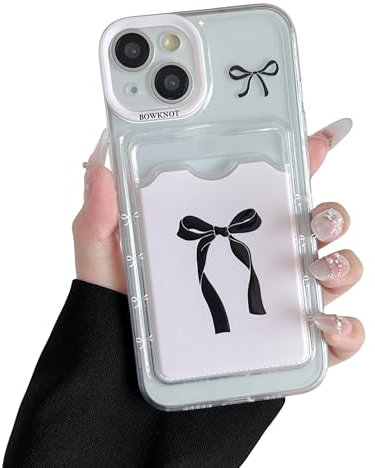 DEFBSC Case for iPhone 13, Transparent Back Card Holder Cute Bowknot Pattern Raised Camera Protection Slim Soft TPU Shockproof Clear Back Card Slot Phone Cover - Black Bow/Frame