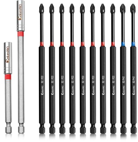 ColumPRO 12PCS PH2 & PZ2 Magnetic Impact Driver Bits Set, 8PZ2 + 2PH2 Screwdriver Bit Sets for Daily Screwdriving Needed with 150 mm + 100 mm Extension Bit Holders