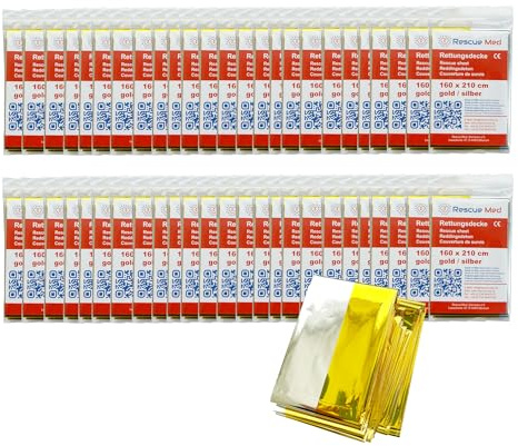 PINI Rescue Med Rettungsdecke 160x210 cm Gold/Silber 50 Stück Notfalldecke Rettungsfolie Wärmedecke für Erste Hilfe, Survival Kit, Verbandkasten, Outdoor, Wandern & Camping, Auto
