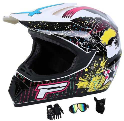 Motocross-Helm mit Schutzbrille, Handschuhe, Maske, Motorrad-Crosshelm, Damen-Integralhelm, MTB, Kind, Off-Road-Cross-Helm, Downhill, BMX(P1,M(54-55cm))