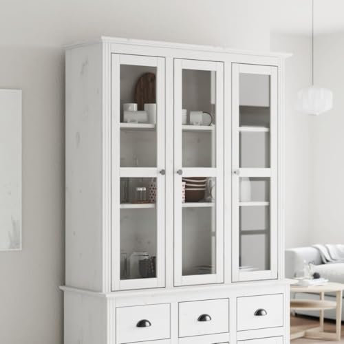 Xichuzi Vitrinenschrank mit Glastüren BODO Weiß Massivholz Kiefer, Vitrine, Schrank Regal, Sammlervitrine, Schmuckvitrine, Manga Regal