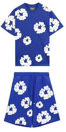 Denim Tears - Tuta da donna / uomo in cotone. Completo estivo, maglia e pantaloncini a fiori. Stile Y2K, S