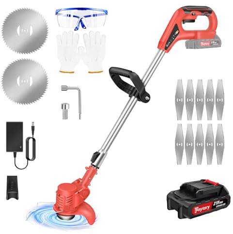 Tagliabordi a Batteria 21V, Tagliaerba Telescopico Leggero con 10 Lame in Metallo e Batteria da 1500 mAh, Tagliaerba Elettrico da Giardino per Potatura di Erbe Infestanti, Rosso