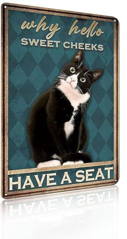 Funny Bathroom Cat Sign Why Hello Sweet Cheeks Vintage Tin Sign for Bathroom Toilet Bar Wall Decor 8x12 Inch (2546)