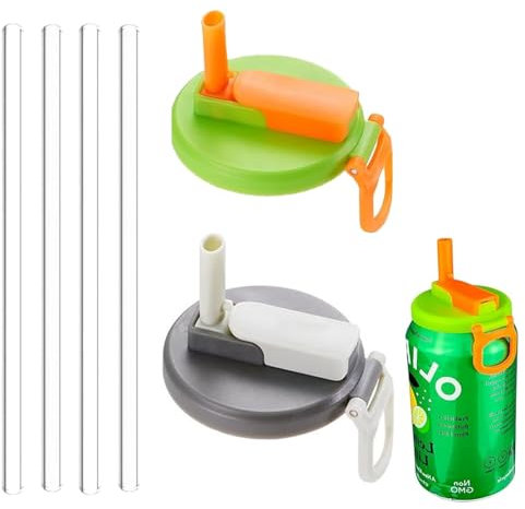 2 Pcs Can Covers with 4 Pcs Straws, Soda Can Covers with Straws, Can Covers for Soda,Leakproof Can Lids Fit Standard Canned Beverage, Beer, Juice(Green, grey)